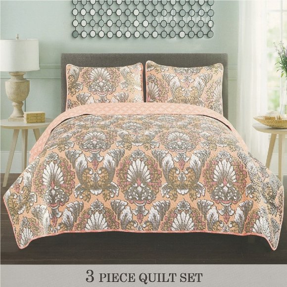 3 Piece Quilted Bedspread Set - Floral Bedspread Full/Queen & King Size - Picture 2 of 2